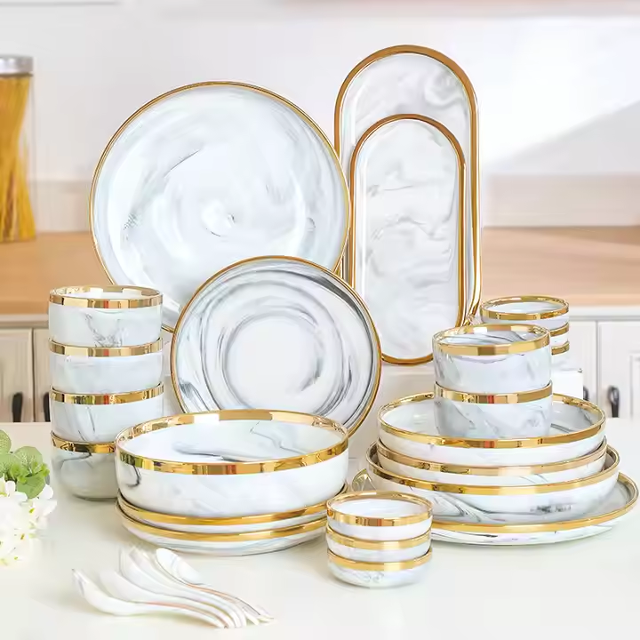 Glazed Marble Gold Ring Dinner Plate01